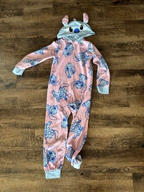 Disney Pink Hooded Stitch Footed Pajama with Blue Accents